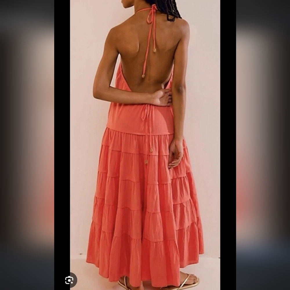 Free People Somewhere Sunny Drop Ruffle Watermelon Waist Halter Maxi Dress S,xs - Picture 3 of 9